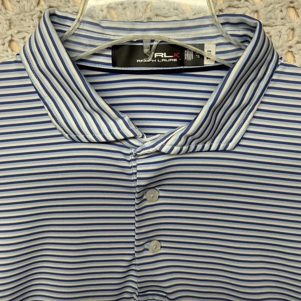 Ralph Lauren RLX Men's Shirt XL Blue White Striped Performance Golf Polo Wicking